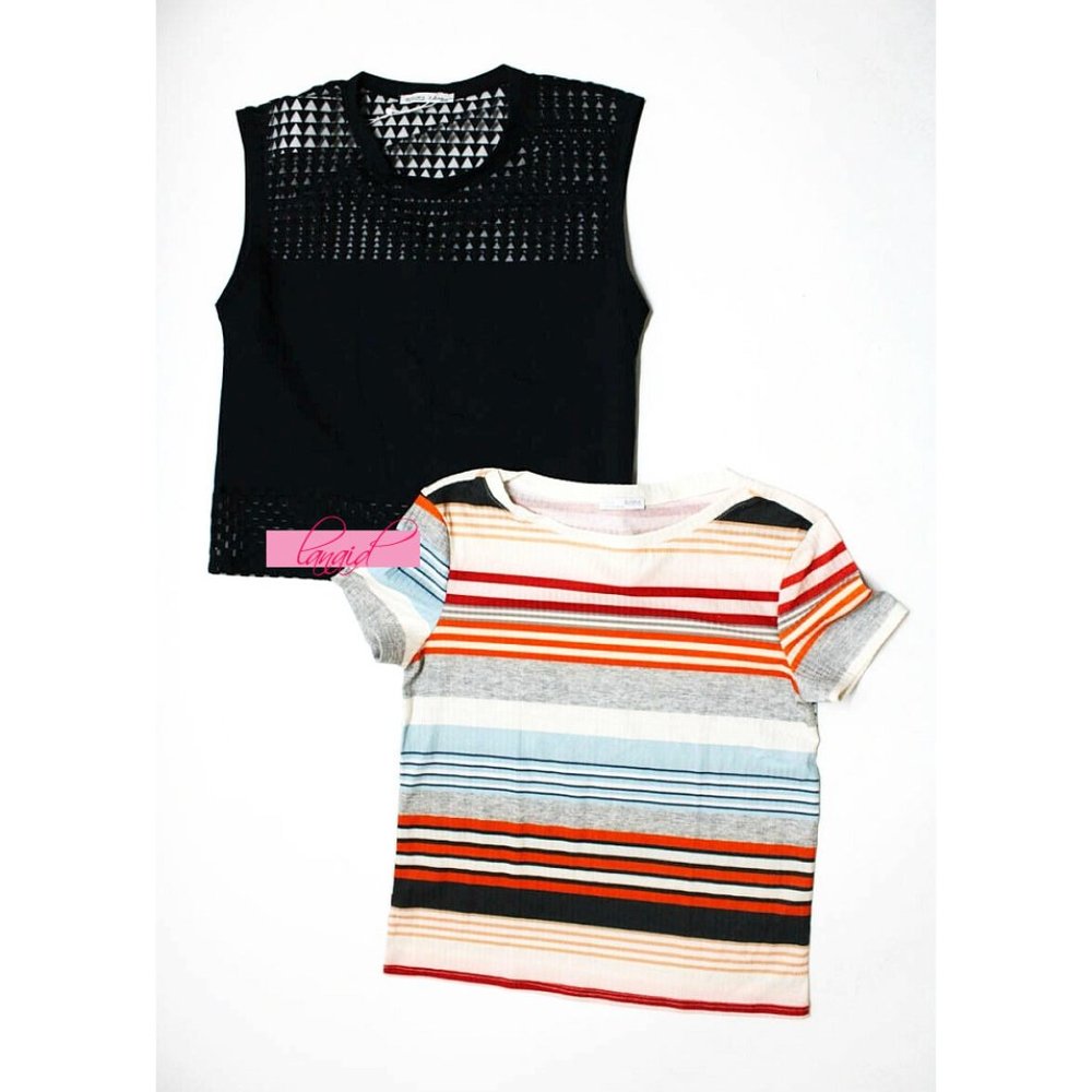 BUNDLE Zara Sheer Cut-Out Cutouts Mesh Sleeveless Tank Striped Retro Blouse Top